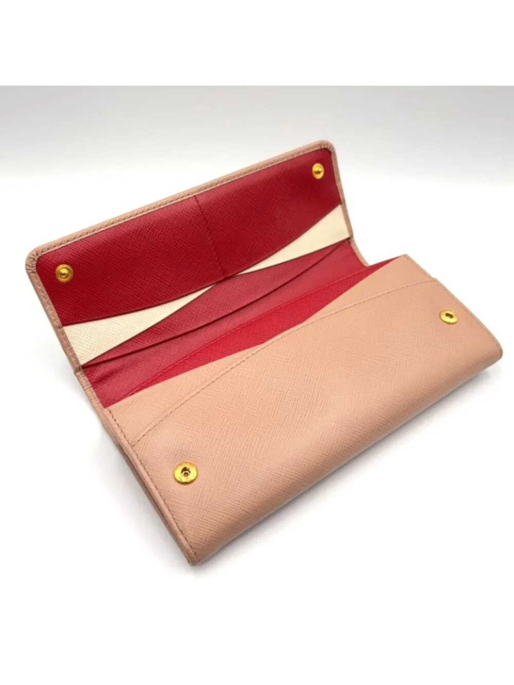 Prada Saffiano Metal Bifold Leather Pink Beige Wallet Gold